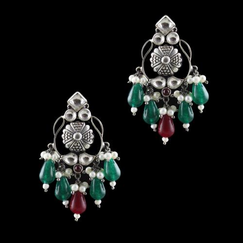 OXIDIZED SILVER KUNDAN DROPS EARRINGS WITH PEARL AND GREEN HYDRO AND  RED CORUNDUM BEADS