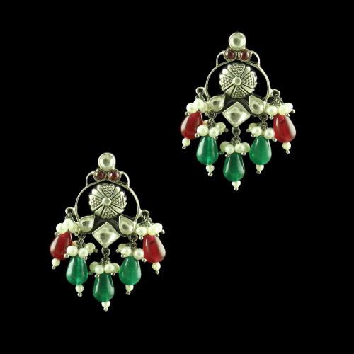 OXIDIZED SILVER KUNDAN DROPS EARRINGS WITH PEARL AND GREEN HYDRO AND RED CORUNDUM BEADS