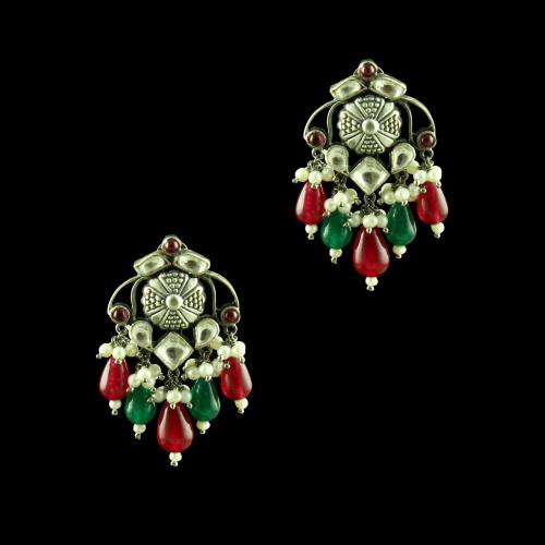 OXIDIZED SILVER KUNDAN DROPS EARRINGS WITH PEARL AND RED CORUNDUM BEADS