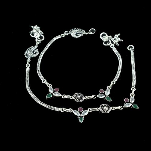 OXIDIZED SILVER CZ AND GREENHYDRO WITH RED CORUNDUM ANKLET