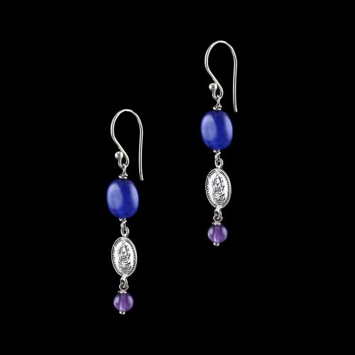 OXIDIZED SILVER LAKSHMI EARRINGS WITH LAPIS AND AMETHYST STONE
