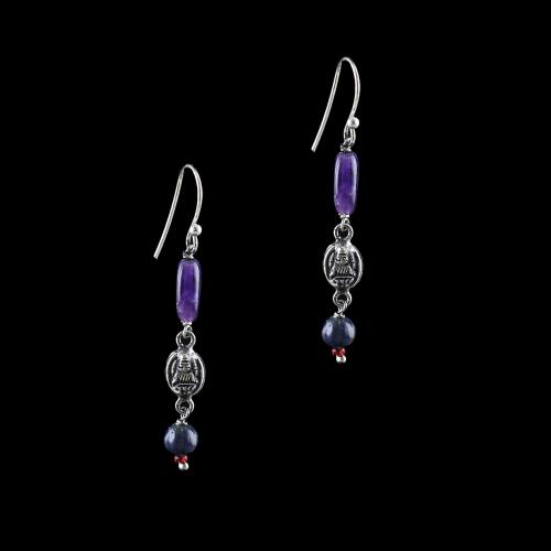 OXIDIZED SILVER LAKSHMI EARRINGS WITH AMETHYST AND BLACK PEARL