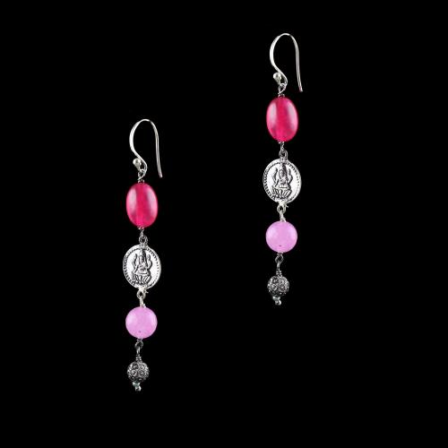 OXIDIZED SILVER LAKSHMI EARRINGS WITH RED AND PINK  QUARTZ