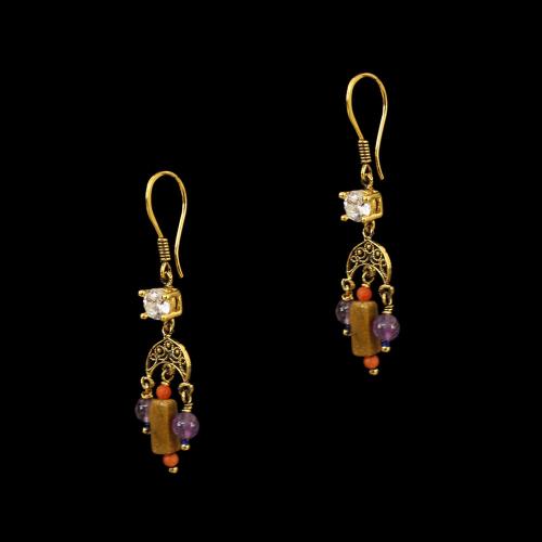 GOLD PLATED CZ AND QUARTZ WITH ROSEWOOD HANGING EARRINGS
