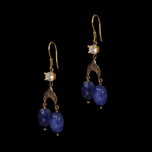GOLD PLATED HANGING EARRINGS WITH CZ AND BLUE JASPER