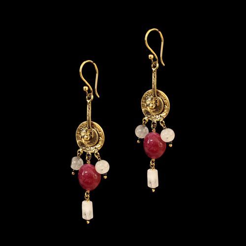 GOLD PLATED HANGING EARRINGS WITH MULTI COLORS STONES