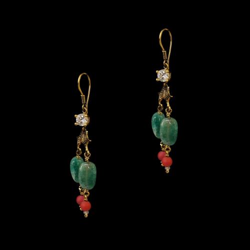 GOLD PLATED CZ AND GREEN JASPER HANGING EARRINGS