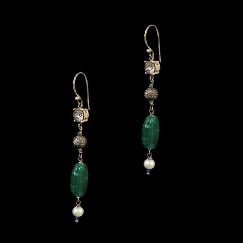 OXIDIZED SILVER LAKSHMI EARRINGS WITH CZ AND GREEN JASPER AND PEARL