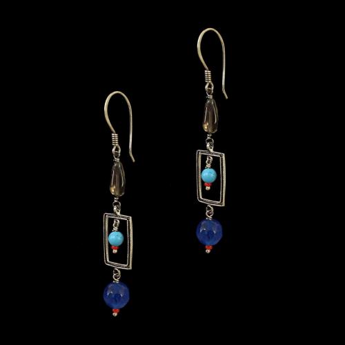 OXIDIZED SILVER LAKSHMI EARRINGS WITH QUARTZ AND TURQUOISE
