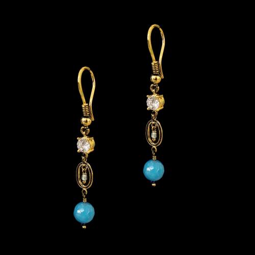 GOLD PLATED CZ AND TURQUORISE STONE HANGING EARRINGS