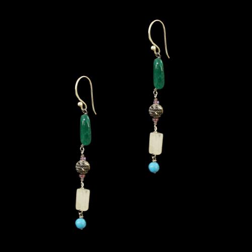 OXIDIZED SILVER LAKSHMI EARRINGS WITH  GREEN JASPER AND TURQUOISE