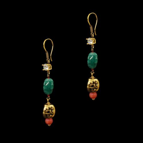 GOLD PLATED CZ AND GREEN JASPER STONES HANGING EARRINGS