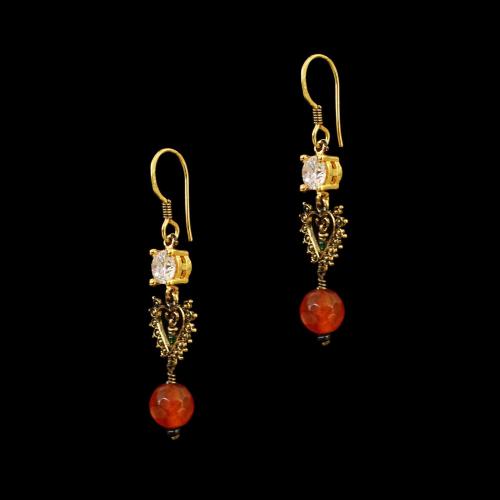 GOLD PLATED CZ AND CARNELIAN STONE HANGING EARRINGS