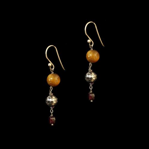 OXIDIZED SILVER EARRINGS WITH  TIGER EYE AND GARNET