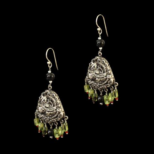 OXIDIZED SILVER LAKSHMI EARRINGS WITH BLACK SPINAL