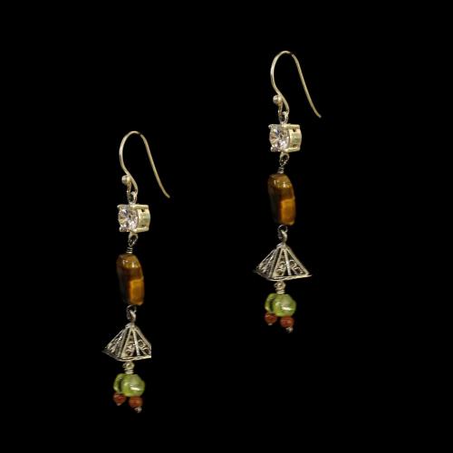 OXIDIZED SILVER HANGING EARRINGS WITH CZ  AND TIGER EYE