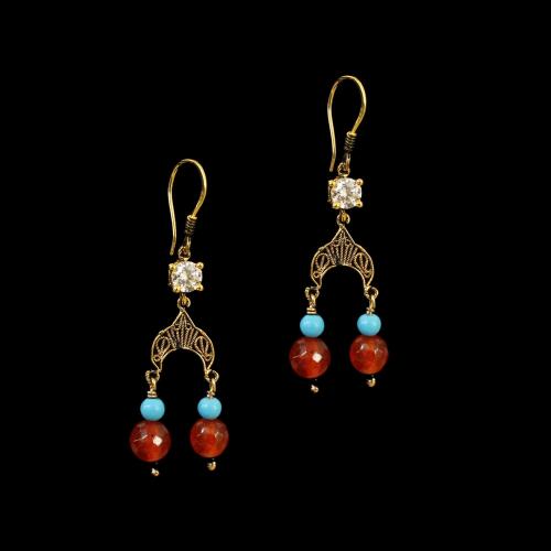 GOLD PLATED EARRINGS WITH CZ AND TORQUOISE WITH CARNELIAN