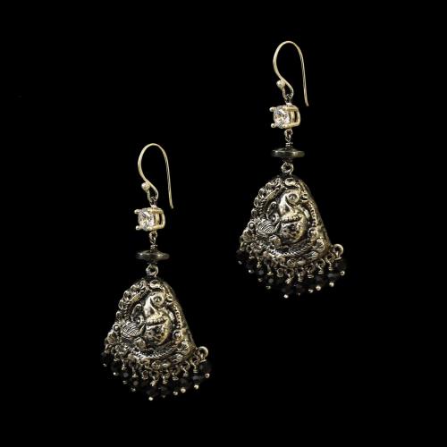 OXIDIZED SILVER HANGING EARRINGS WITH CZ