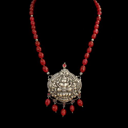 OXIDIZED SILVER LAKSHMI NECKLACE WITH RED ONYX