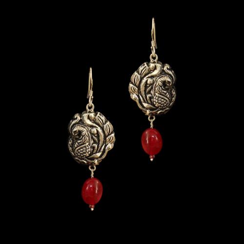 OXIDIZED SILVER PEACOCK EARRINGS WITH RED ONYX