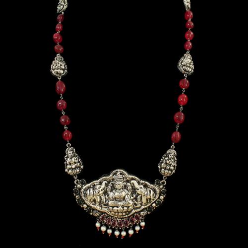 OXIDIZED SILVER LAKSHMI NECKLACE WITH RED ANDF GREEN OYNX WITH PEARLS