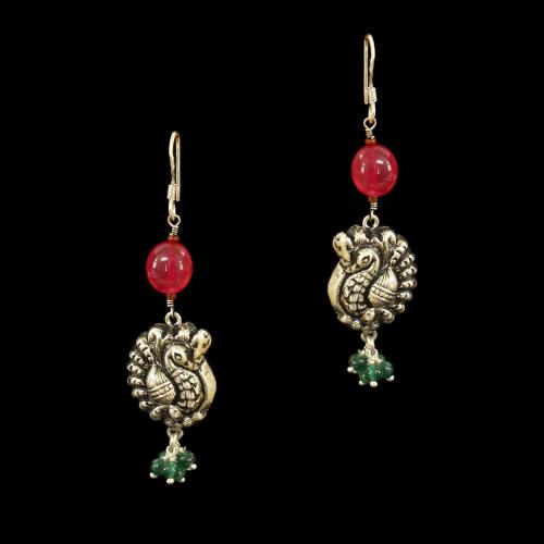 OXIDIZED SILVER LAKSHMI EARRINGS WITH RED ONYX AND JADE BEADS