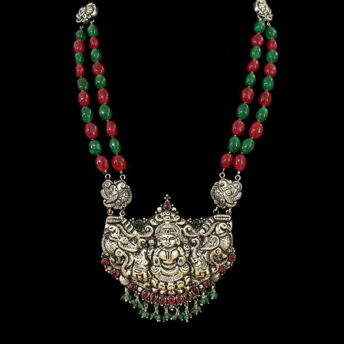 OXIDIZED SILVER LAKSHMI NECKLACE WITH GREEN AND RED OYNX AND JADE BEADS