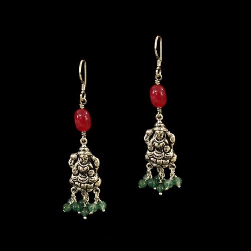 OXIDIZED SILVER LAKSHMI EARRINGS WITH RED OYNX AND JADE BEADS