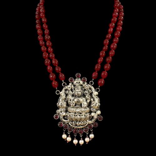 OXIDIZED SILVER LAKSHMI NECKLACE WITH RED OYNX AND PEARLS