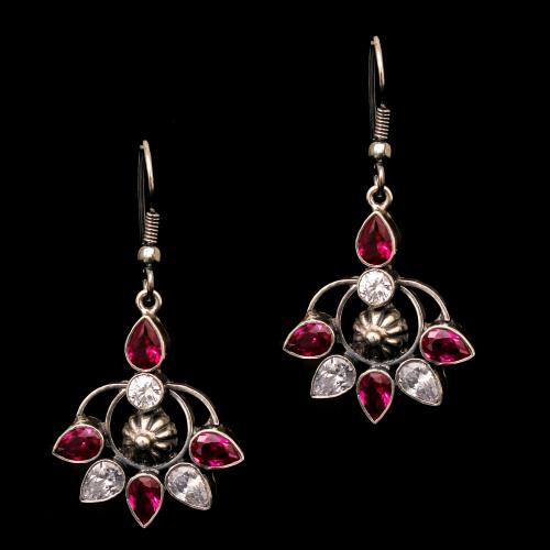 OXIDIZED SILVER RED OYNX WITH CZ STONE HANGING EARRINGS