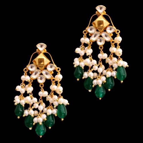 GOLD PLATED RUBY AND KUNDAN STONE  WITH PEARL DROPS EARRINGS