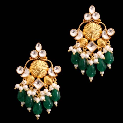 GOLD PLATED RUBY WITH KUNDAN STONE PEARL DROPS EARRINGS