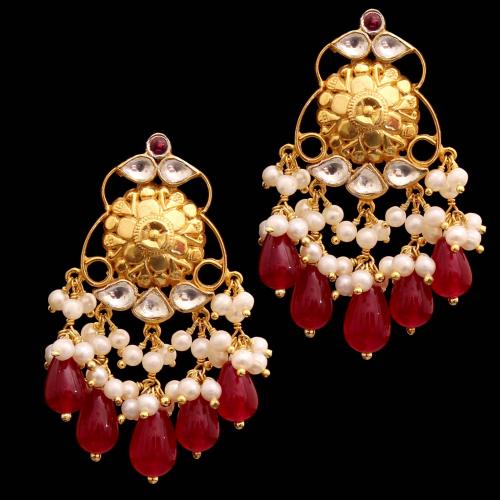 GOLD PLATED RUBY WITH KUNDAN STONE  WITH PEARL DROPS EARRINGS