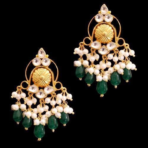 GOLD PLATED RUBY AND KUNDAN STONE WITH PEARL DROPS EARRINGS