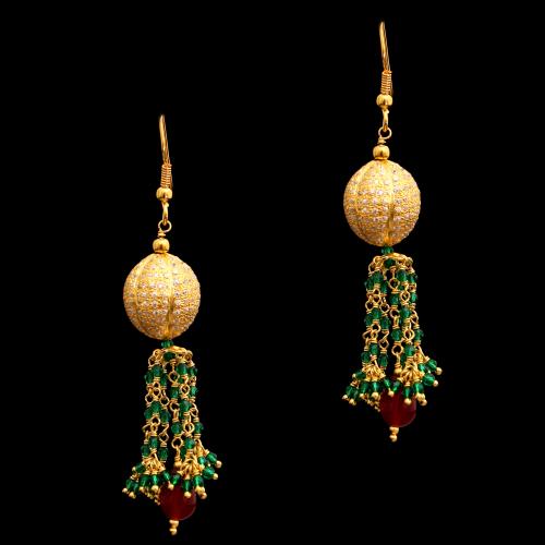 GOLD PLATED CZ AND RUBY WITH GREEN HYDRO HANGING EARRINGS