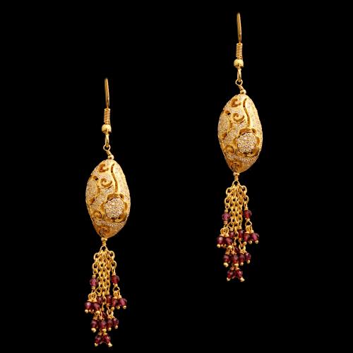 GOLD PLATED CZ AND RED BEADS HANGING EARRINGS
