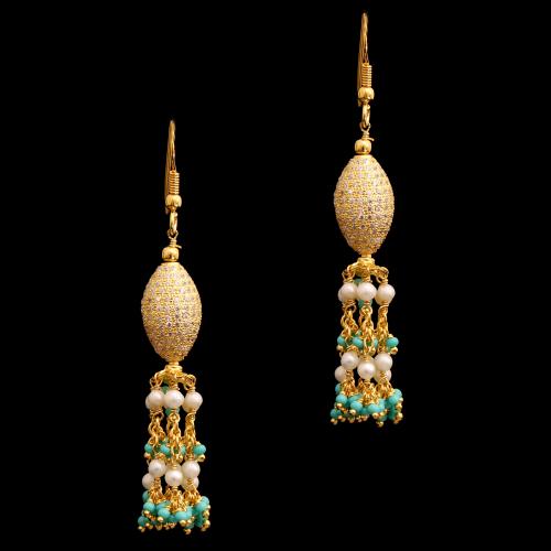 GOLD PLATED CZ AND PEARL WITH TORQUISE HANGING EARRINGS