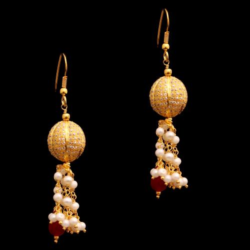 GOLD PLATED CZ AND PEARL WITH RED BEAD HANGING EARRINGS