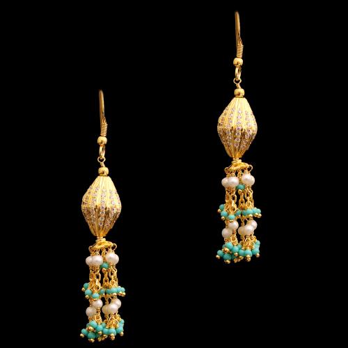 GOLD PLATED CZ AND TORQUISE WITH PEARL HANGING EARRINGS