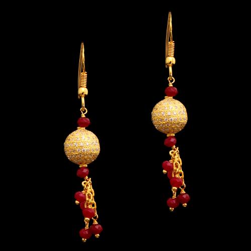 GOLD PLATED CZ AND RED BEADS HANGING EARRINGS