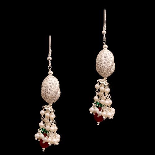 CZ WITH RED AND GREEN BEADS WITH PEARL HANGING EARRINGS