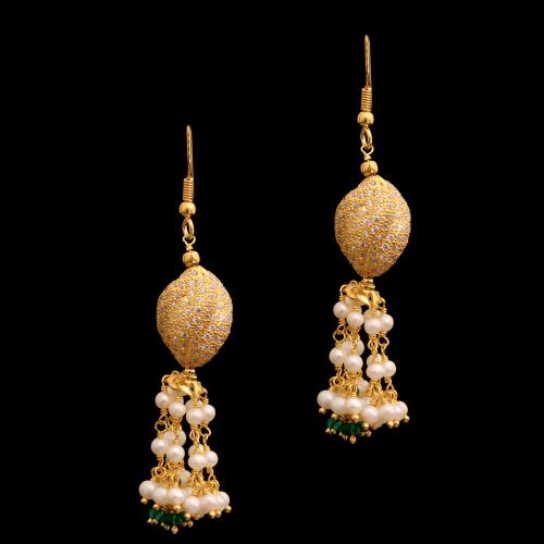 GOLD PLATED CZ AND GREEN BEADS WITH PEARL HANGING EARRINGS