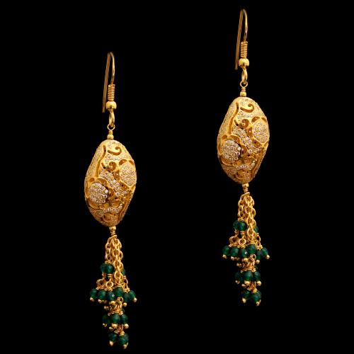 GOLD PLATED CZ AND GREEN BEADS HANGING EARRINGS