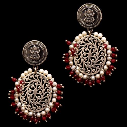 OXIDIZED LAKSHMI WITH RED JADE BEADS WITH PEARL DROPS EARRINGS