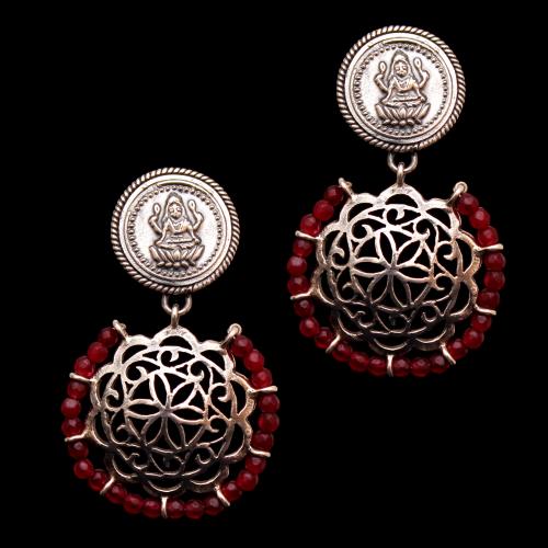 OXIDIZED LAKSHMI WITH RED JADE BEADS DROPS EARRINGS