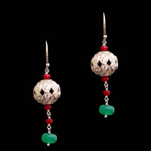 CZ WITH RED AND GREEN OYNX HANGING EARRINGS