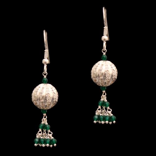 CZ HANGING EARRINGS WITH GREEN HYDRO BEADS