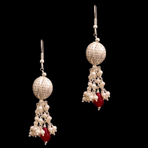 CZ HANGING EARRINGS WITH PEARLS AND RED ONYX BEADS