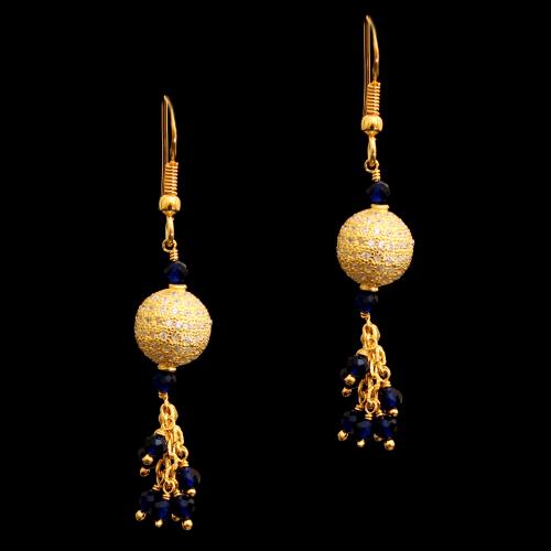 GOLD PLATED CZ HANGING EARRINGS WITH BLUE SAPPHIRE BEADS