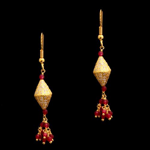 GOLD PLATED CZ HANGING EARRINGS WITH RUBY BEADS